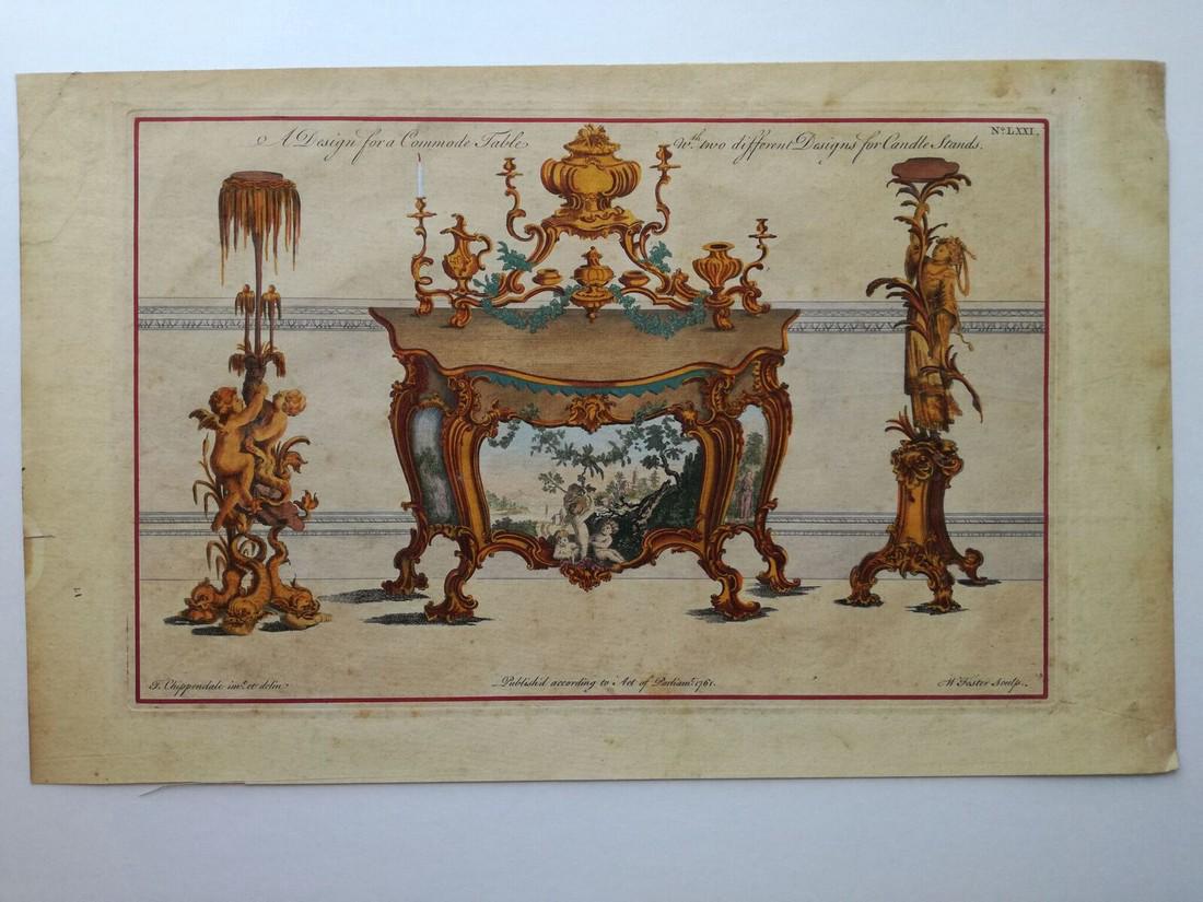 Thomas Chippendale: Thomas Chippendale "China Case" - "A Design for a Commode Table" - "Candle Stands" - "Frames for Marble Slabs" 1753 - 1761 Paper Sheet Size 27 x 44 centimetri Printed by J. Haberkorn for the Author. G