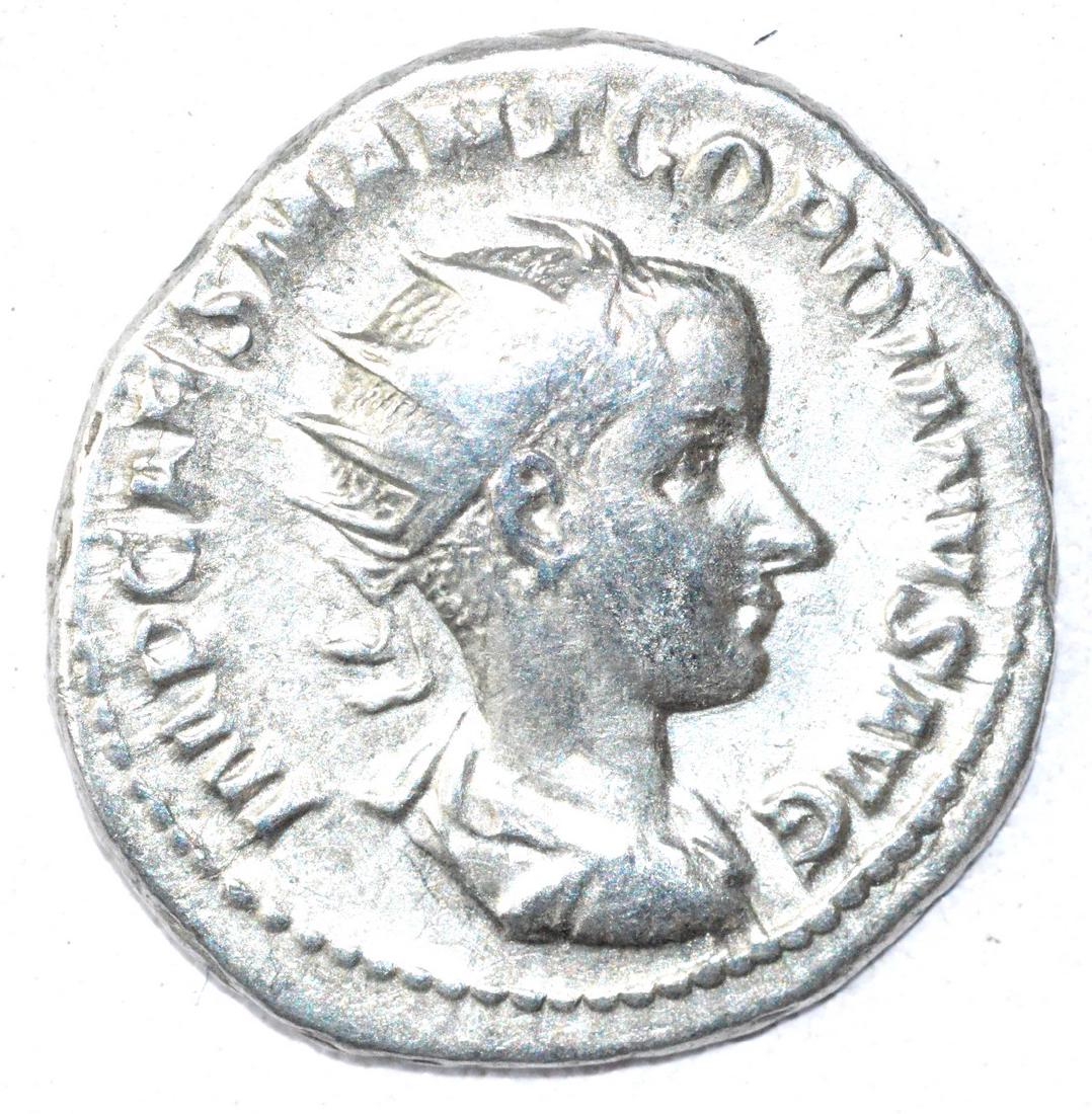 Ancient Roman Antoninianus Coin - Gordian III: Date: 3rd C AD Material: Silver Provenance: Obtained from an old British collection, acquired from B.C.F. (Birmingham). Dimensions: 23mm; 4.3grams Ancient Roman Antoninianus Coin - Gordian III AR rv. 