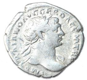 Ancient Roman Denarius Coin - Trajan: Date: 2nd C AD Material: Silver Provenance: Obtained from an old British collection, acquired from B.C.F. (Birmingham). Dimensions: 20mm; 3grams Ancient Roman Denarius Coin - Trajan AR rv. Optimo Prin