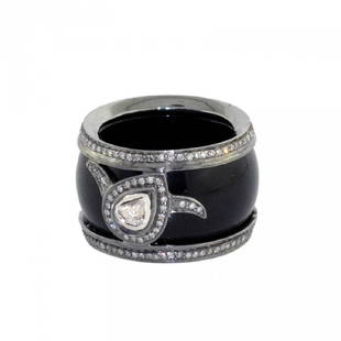 Sterling Silver Onyx Diamond Ring, 32.5ctw: Item: Onyx Ring With Silver and Studded Rose cut and Pave Diamonds Brand: ARTISAN Metal Purity: SILVER 925 Gemstone: GREEN ONYX Carat Weight: 32.5 Size/Dimensions: 0.89 Ring Size: US 8.5 D:0.89ct,Onyx