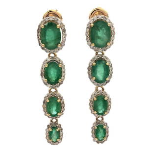 14K Gold 5.21ctw Emerald 1.0ctw Diamond Dangle Earrings: One pair electronically tested 14KT yellow gold ladies cast & assembled emerald and diamond dangle earrings with screw backs. Each earring features a graduating emerald and diamond bezel ribbon. Brigh