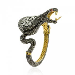 14K Gold Sterling Silver Diamond Figural Snake Bracelet: Item: Rosecut & Pave Diamonds Snake BangleBrand: ARTISANMetal Purity: GOLD 14KT,SILVER 925Gemstone: RUBYCarat Weight: 0.2Size/Dimensions: 10.5 