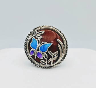 Sterling Silver Jasper Enamel Butterly Design Ring: Item: Sterling Silver Butterfly Design Ring on Jasper with Blue and Purple EnamalingBrand: Jean Lin CollectionMetal Purity: 925 Sterling SilverGemstones: JasperSize: 7 Shipping:Domestic: Flat-rate