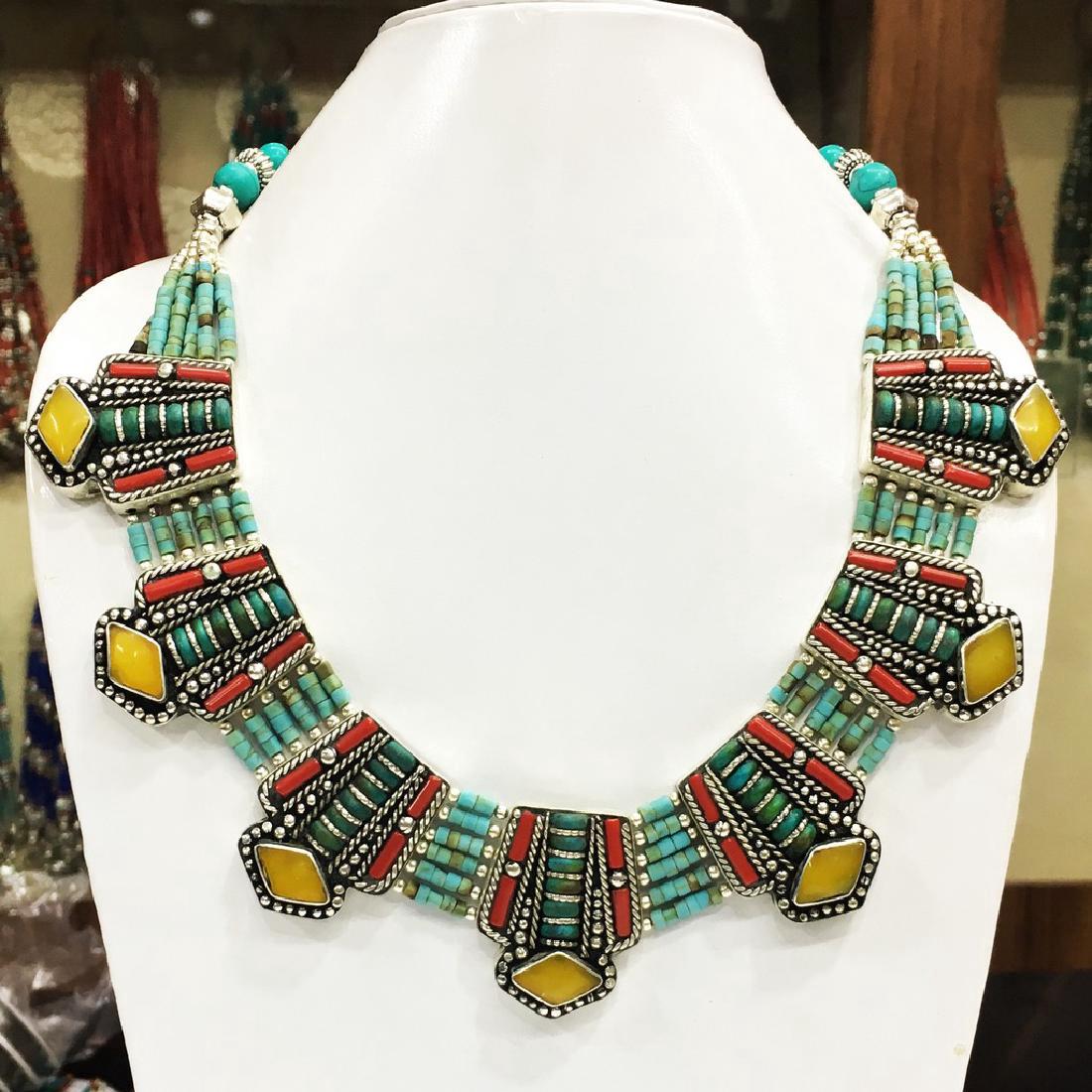 Tibetan Silver Red Coral Turquoise Amber Necklace (1 of 1)