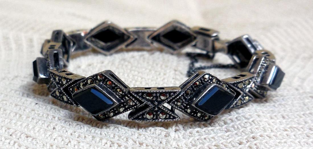 Art Deco Sterling Silver Onyx Marcasite Bracelet (1 of 8)
