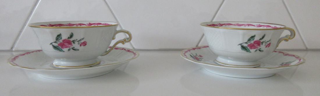 2 Hand Painted Cups & Saucers Bernardaud & Co Limoges: Bernadaud & Co Limoges, France ca. 1920 Porcelain cups; 2.3 inches (height), 3.9 inches (diameter), saucers; 5.7 inch (diameter) Two high quality hand decorated Bernadaud & Co French Limoges"Deux Rose