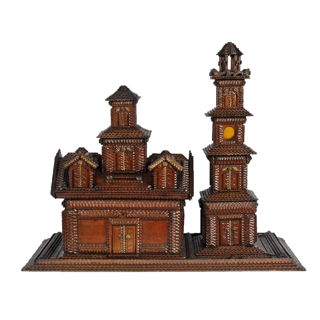 Folk Art Tramp Art House Shaped Box & Tower on Platform (1 of 10)