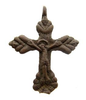 Medieval crusaders period cross with Jesus Christ: Date: ca. 1100 - 1400 AD Material: bronze Provenance: Obtained from an old British collection, Acquired from a private London collector, acquired between 1960-1990. Dimensions: 54x40mm; 6.5 grams Medi