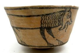 Ancient Indus Valleybowl with bird and lion motif: Date: Circa 3300 - 2000 BC Material: terracotta Provenance: Obtained from an old British collection, acquired from LCF London Dimensions: 125x171mm; 183 grams Ancient indus Valley bowl with bird and l