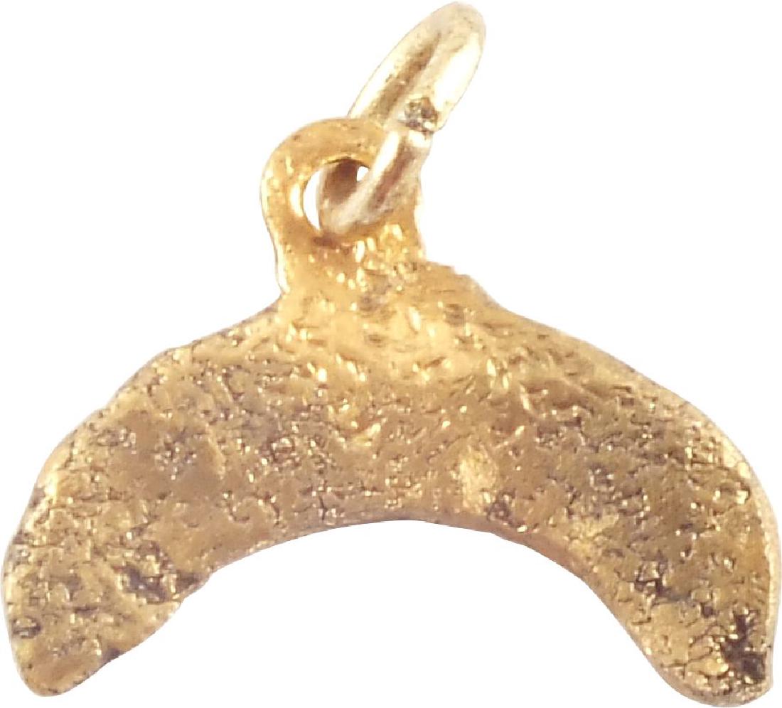 VIKING LUNAR/ASTROLOGICAL PENDANT 850-1050 AD: Gilt bronze. Slightly over ½” width-charm size. Simple broad crescent suggesting that it was made on a voyage. Vikings were expert metallurgists and known to have smelted bog iron when exploring No