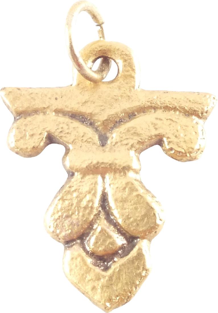 GOTHIC FRENCH PENDANT 1300-1450: Gilt bronze. Heraldic formed as a fleur de lys on bar, inverted. Just over 3/4" height. Worn as part of the elaborate trappings for man and horse in tournament and war. Professionally refurbished with