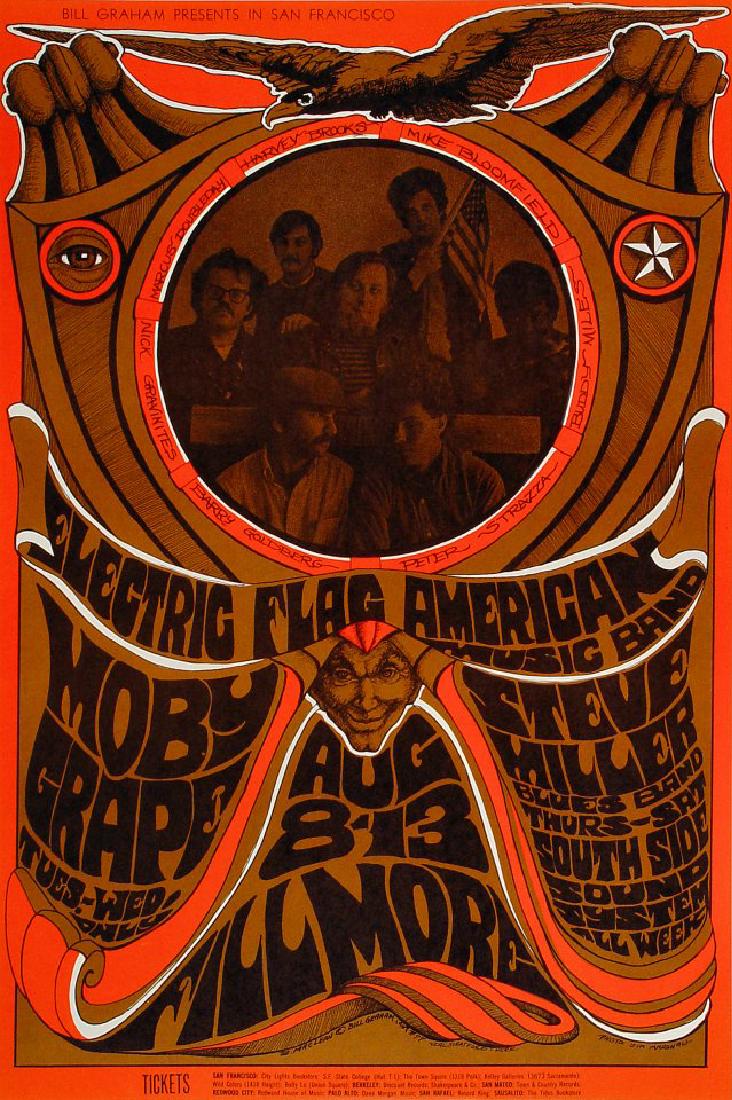 Electric Flag Postcard - BG77: MacLean's poster made reference to the American flag in the draped bunting effect of the design, star and eagle. Headlining the Electric Flag, Moby Grape and Steve Miller split the five-day gig. Print