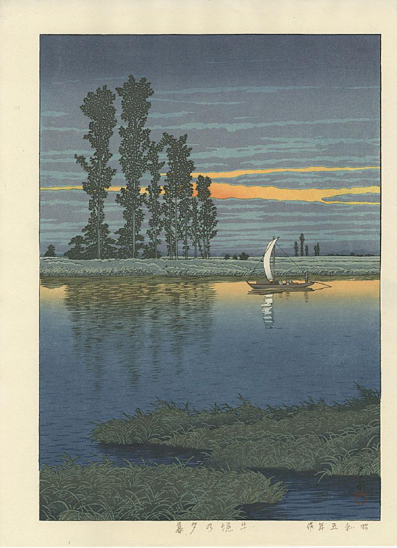 Hasui Kawase Woodblock Twilight at Ushibori: Artist: Hasui Kawase Title: Twilight at Ushibori Publisher: Shoshiba (blocks acquired from Kawaguchi & Sakai around 1950) Date: 1930, this later Showa era edition published from the 1930s woodblocks M