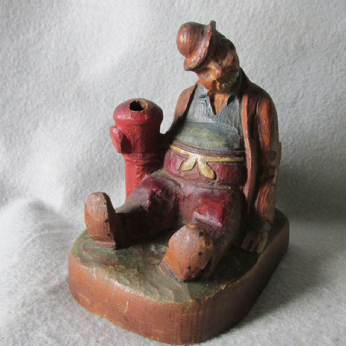 Antique c1920s Hand Carved Folk Art Match Safe: Antique c1920s Hand Carved Folk Art Match Safe, Go to Bed Candlestick American Wood 5" high x 3 7/8" x 4 5/8" A nice circa 1920-30s Folk Art Carving of a Man sleeping next to fire hydrant. The Man is