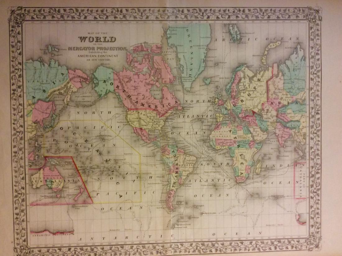 World by Mitchell: Title/Content of Map: World by Mitchell Date Printed: 1869 Cartographer: Augustus S. Mitchel Material/Medium: Paper Hand colored engraved Map. Piblished in Philadelphia. From his 'Mitchell's New Gener