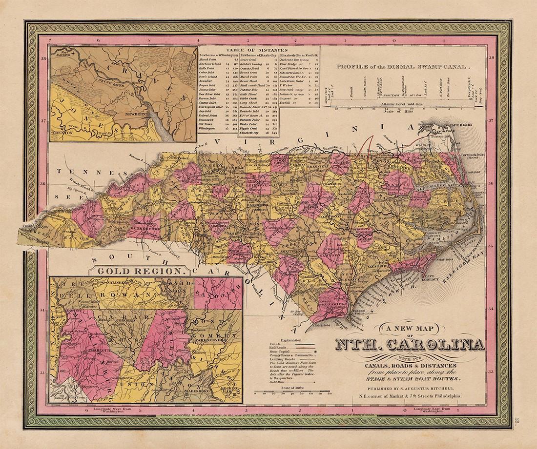 1846 Mitchell hand-colored map of North Carolina (1 of 5)