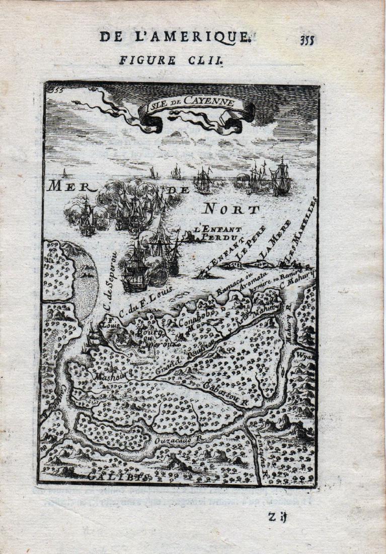 Mallet: Island of Cayenne: Cartographer: Mallet Place & Date: Paris / 1683 Size: 4" x 5 3/4" Condition: b&w; light overall age toning Mallet's dramatic view of the island of Cayenne, off French Guyana, showing Fort Louis and a 