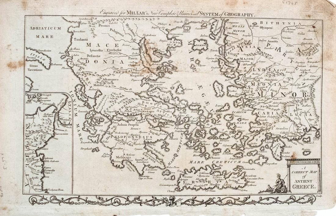 1768 Millar Map of Greece, Macedonia and Asia Minor --: Title/Content of Map: 1768 Millar Map of Greece, Macedonia and Asia Minor -- A Correct Map of Ancient Greece Date Printed: 1768 c. Cartographer: G Millar Size: 14.3 x 9.3 in. A very nice map of Greece