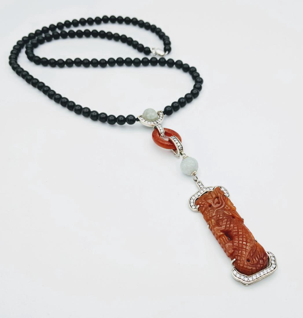 Sterling Silver Black Onyx Beaded Necklace with Dragon (1 of 4)