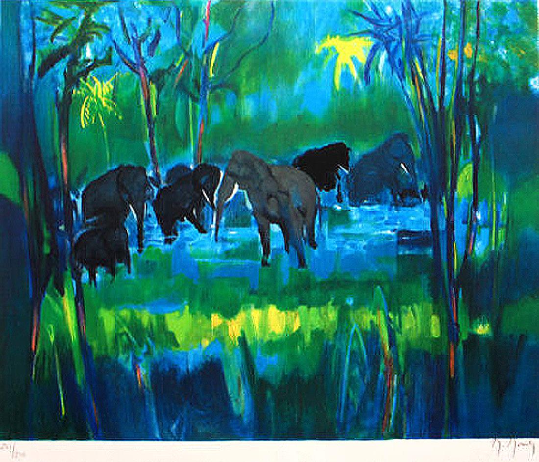 Elephants by Marcel Mouly: Elephants by Marcel Mouly Limited Edition Lithograph, 70/250 30 x 23 in, Signed by Artist Marcel Mouly (1918-2008) was a French abstract artist who studied under Jacques Lipchitz. His work is in the c