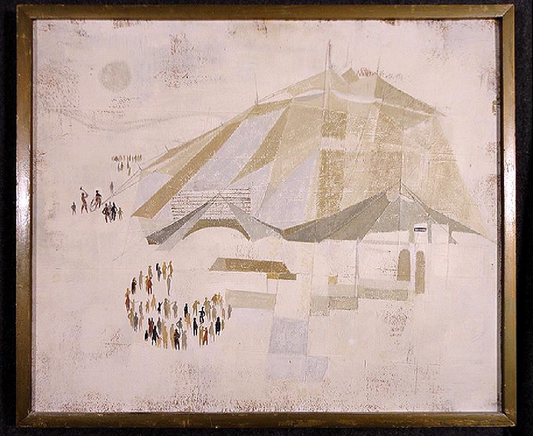 Circus by Leon Emidio Travanty: Circus by Leon Emidio Travanty This piece by Leon Emidio Travanty depicts a crowd gathering around a circus. It is a stark image quite unlike traditional circus images. The almost cubist style tent lo