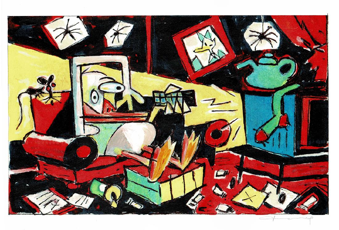 Original Painting Donald Duck: Picasso: Artist: Tony Fernandez Title: Original Mixed Media Painting - Donald Duck Inspired by Picasso Medium: Acrylic, Oil, Ink, Varnish Size: 12.5 x 17.7 in Publisher: Disney This original acrylic painting o