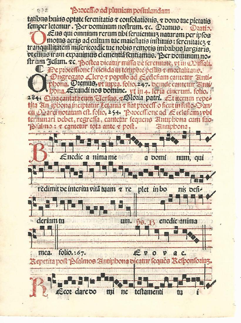 1567 Catholic Hymnal Leaf Red and Black: 1567 Catholic hymnal leaf printed in red and black, music both sides, from “Sacerdotal ad Consuetudinem Sacro Sancte…”, printed at Venice by Petri Liechtenstein. Fine, measures 6 x 8.5”. Pleas