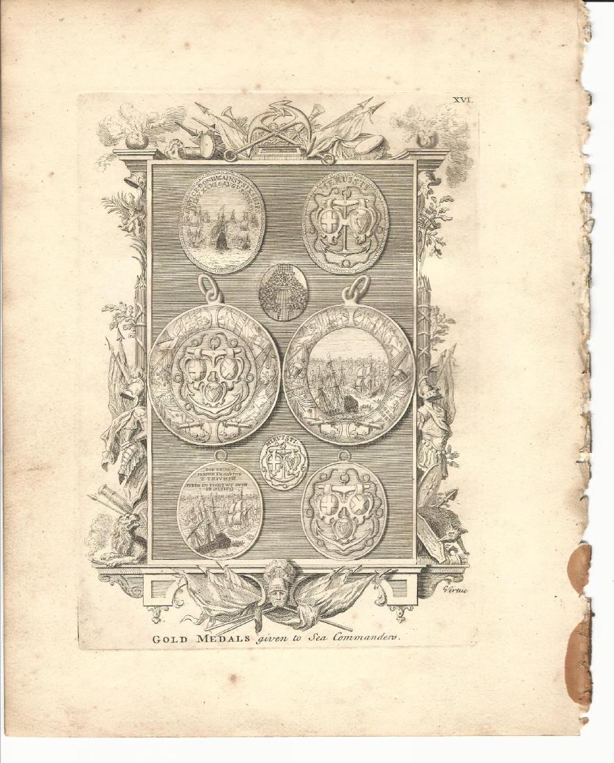 1753 Engraving of Medals to Sea Commanders: 1753 engraved plate of medals presented to Sea Commanders by George Vertue, 1753, London. Measures 9 x 11”. Please note that this lot has a confidential reserve. When you leave a bid in advance of t