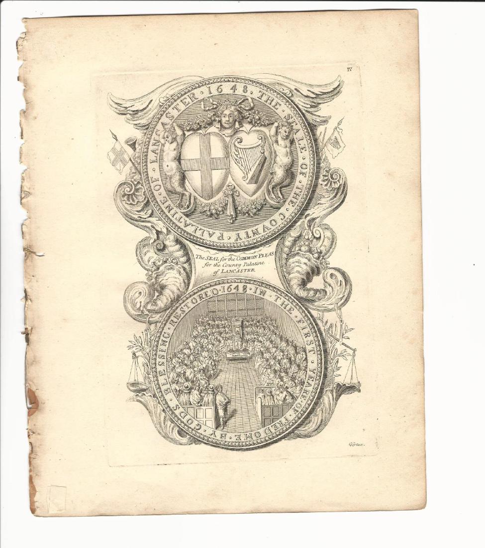 1753 Engraving English Seal: 1753 Fine George Vertue engraving of Â“the Seal for the Common Pleas for the County Palatine of Lancaster, (1648)” printed at London on heavy paper stock, measures 9 x 11Â”. Interesting to not