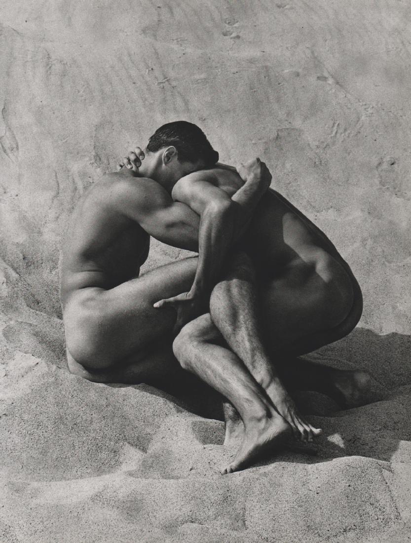 HERB RITTS - Brian and Tony in sand: Artist: HERB RITTS Print Title: Brian and Tony in sand, Paradise Cove, 1986 Medium: Sheet-fed Gravure Printing Date: 1988 Printed in Japan Image Size: 10.5 X 13.5 inches Herb Ritts1952-2002) was an Am