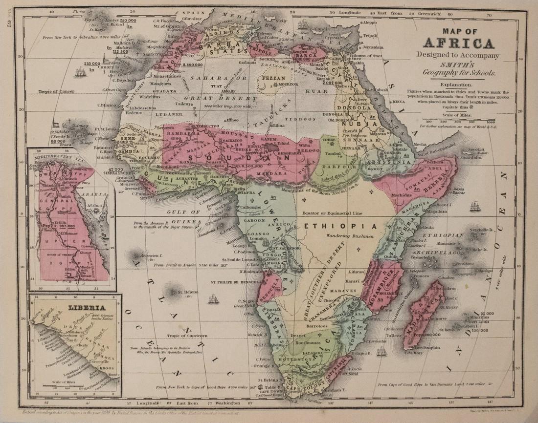 Burgess: Antique Map of Africa, 1839: Title/Content of Map: 1839 Burgess Map of Africa -- Map of Africa Date Printed: 1839, New York Cartographer: D Burgess / Smith Pub. Size: 10.6 x 8.7 in. An excellent and very interesting map of Africa
