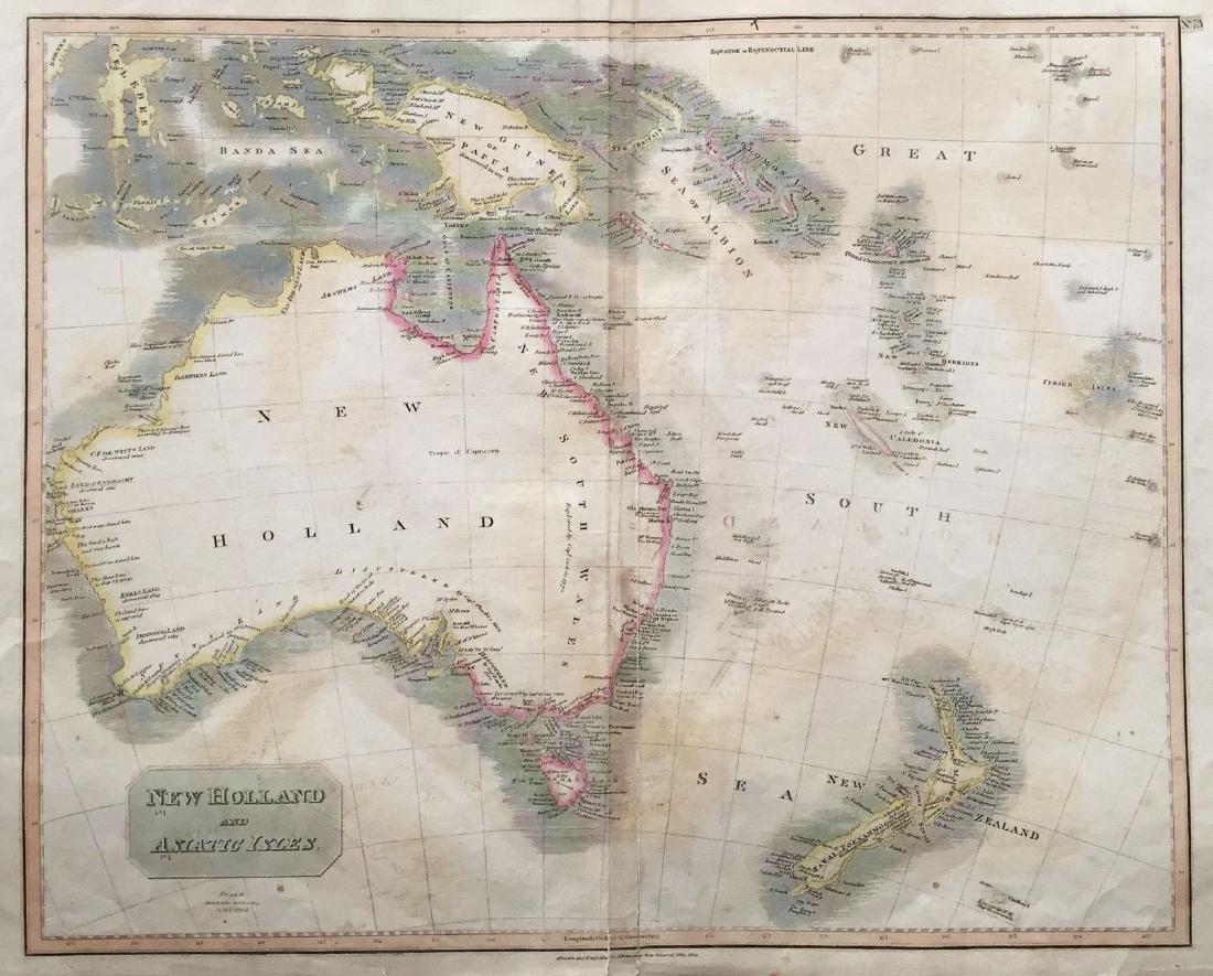 Thomson: Antique Map of New Holland (Australia), 1814: Map: New Holland and Asiatic Islands Cartographer: Thomson Place & Date: Edinburgh / 1814/1817 Size: 24 1/4" x 19 3/4" Condition: overprinting and some staining; repaired splits along centerfold and n