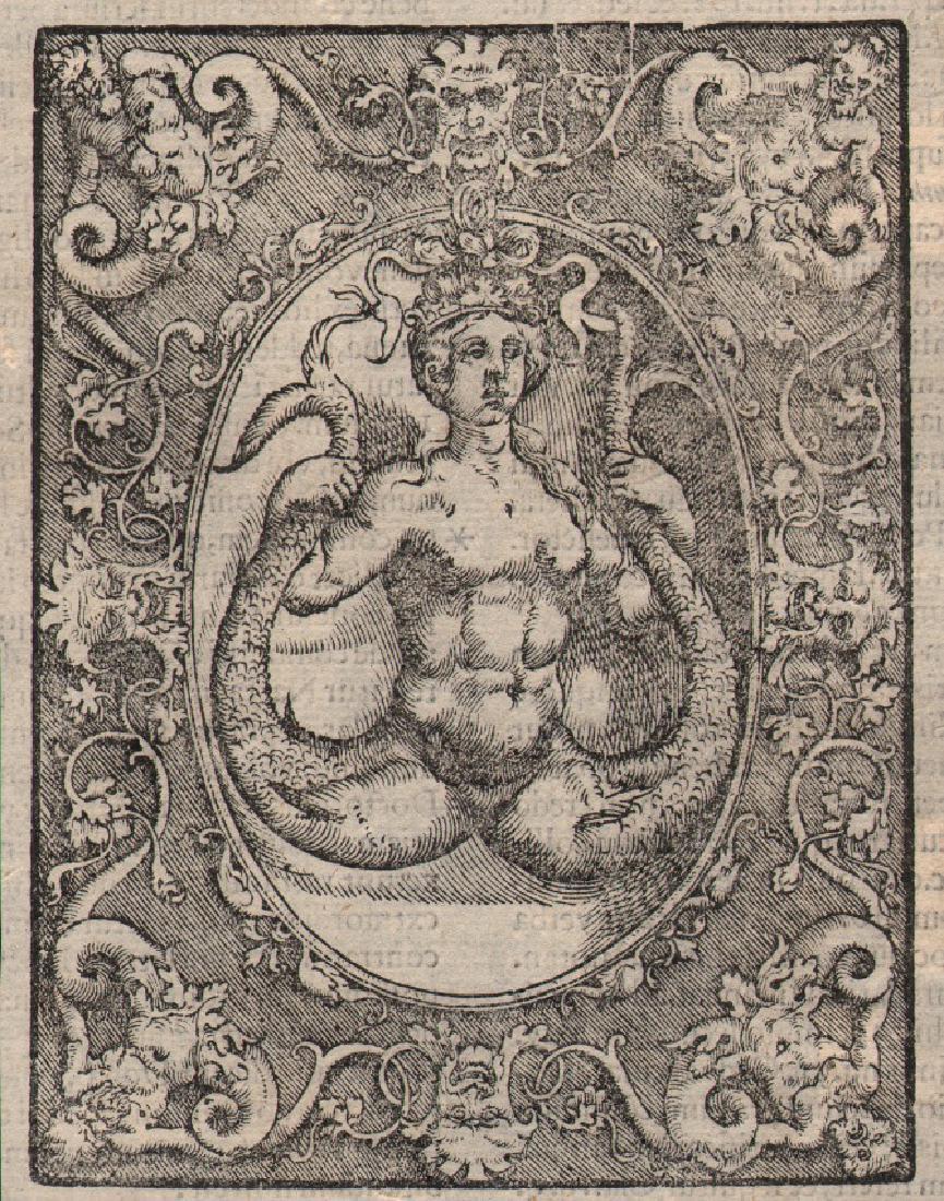 Italian 16th Century Mermaid Woodcut Print: Italian 16th Century A mermaid - Venice 1538 woodcut 5,60 x 4,20 inches A mermaid, framed by grotesque tritons. Exquisite example of Italian renaissance art in Venice. This is an early impression from