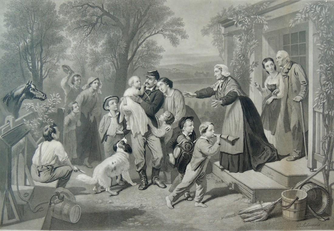 c.1864 Engraving, Home On A Furlough, John Sartain: c.1864 Steel Engraving, Home On A Furlough by John Sartain (English, 1808 –1897), published by Bradley & Co. Publishers, Philadelphia. Engraving is titled, "Home On A Furlough. The subject depicts t