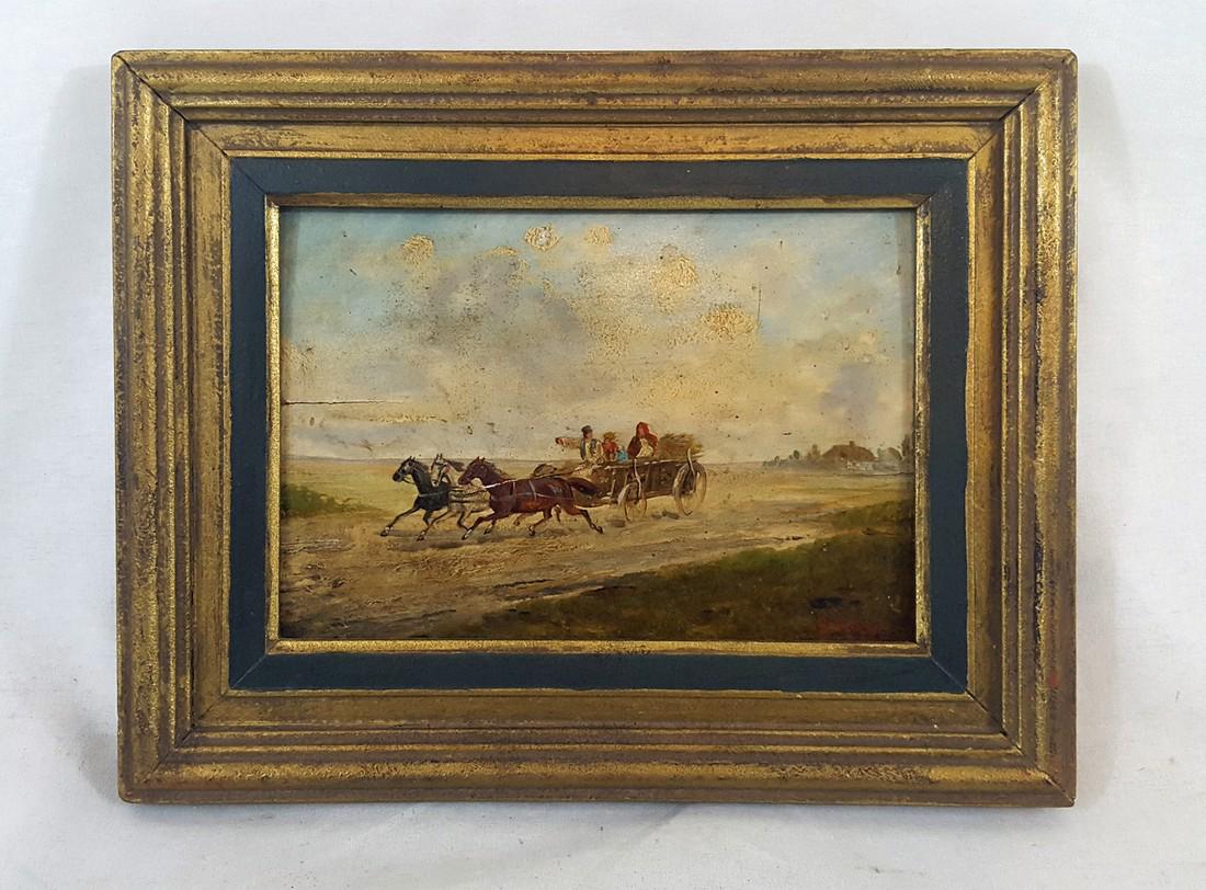 Oil on Wood Panel Wagon Painting Ca 1860 (1 of 4)