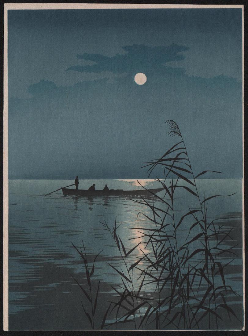 Shoda Koho Woodblock Moonlit Sea: Artist: Koho. Subject: Moonlit Sea. Date: 1910's-30's. Medium: Japanese Woodblock Print. Size: Chuban design measures: 7.5" x 10". Condition: Fine color, impression, condition. Koho Shoda (ca. 1871-19