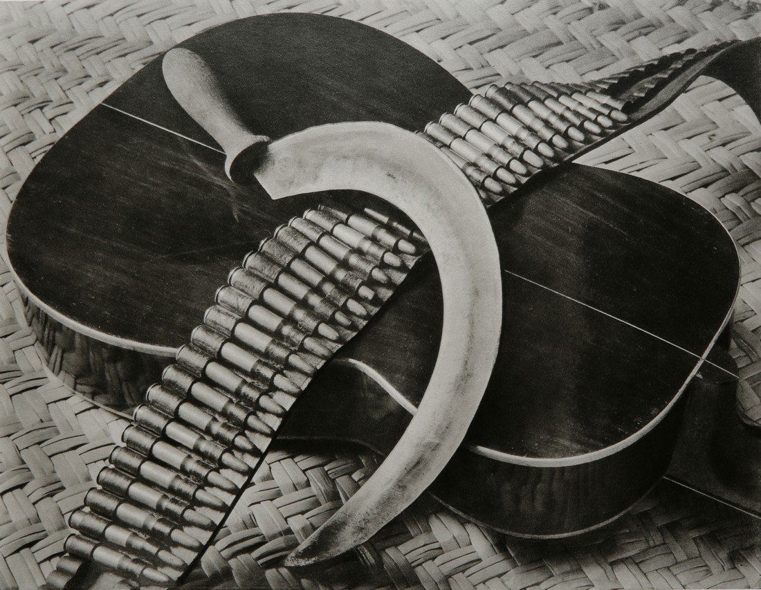 TINA MODOTTI - Composition with sickle, cartridge-belt: Artist: Tina Modotti Title: Composition with sickle, cartridge-belt and guitar, 1927 Date Printed: 1979 Medium: HelioGravure Printer: Electa Printer Location: Milan ITALY Size: 24.5x19 cm - 9.6x 7.9 i