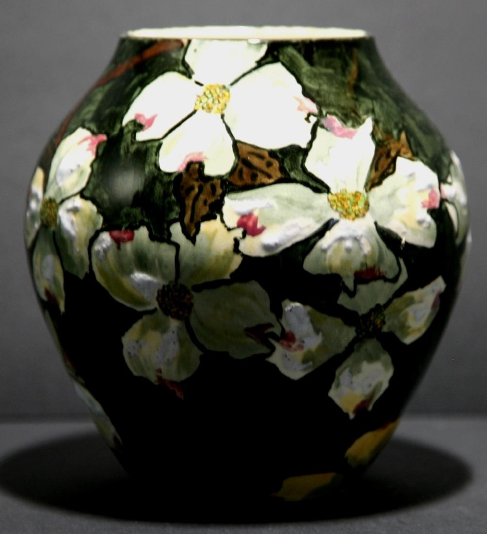 John Bennett NYC Dogwood Blossoms Snow Vase c1880 Mint: This impressive John Bennett decorated vase stands 6.25" high by 5.5" in diameter. John Bennett (1840-1907) was a British ceramic artist who spent much of his career in America. He is known for decora