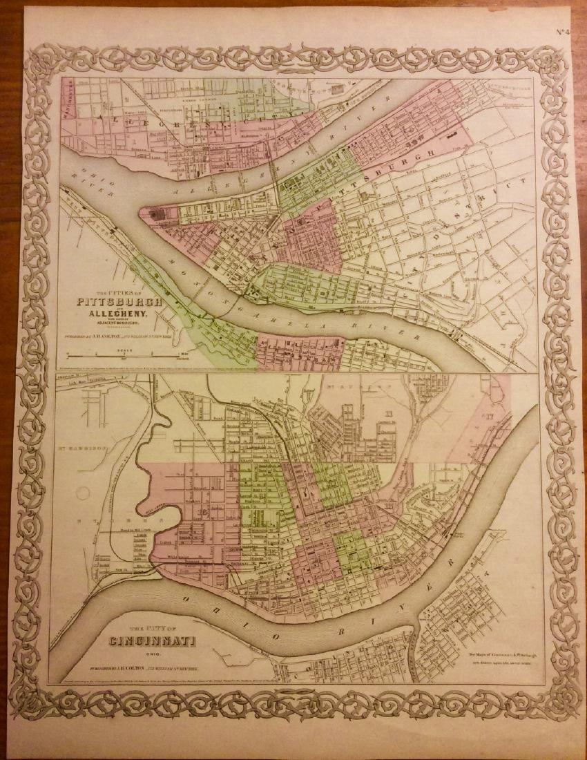Colton: Antique Map of Pittsburgh & Cincinnati, 1861: Title/Content of Map: Pittsburg and Cincinnati Date Printed: 1861 Cartographer: J.H. Colton Material/Medium: Paper Size: 13" x 8 1/2" Hand colored, steel engraved. From Colton's 'General Atlas'. Publi