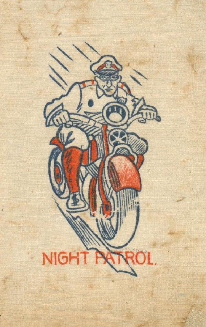 1930 Police Officer in Uniform on Motorcycle Caricature: Circa 1930 Vintage Printed Textile; caricature art depiction of police officer in uniform on motorcycle. Title on image, "NIGHT PATROL". Interesting elements include the 711 badge on his hat, and $ si