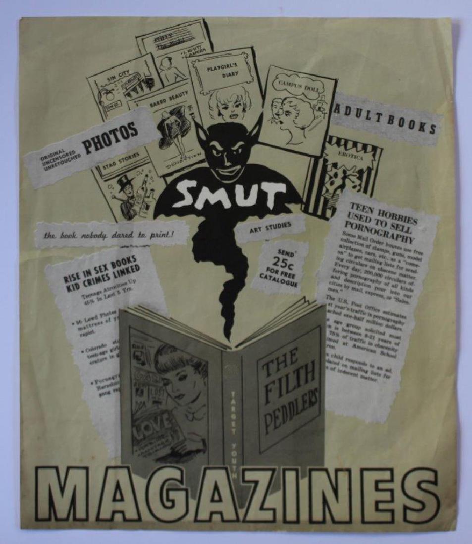 1960s Anti Pornography Propaganda Poster, Smut Magazine: Vintage circa 1960s ANTI-PORNOGRAPHY Propaganda Poster; SMUT MAGAZINES Target Youth. Approximate paper size is 11-1/4" x 13-1/2". Condition: light soiling and staining, creases and edge wear. a couple