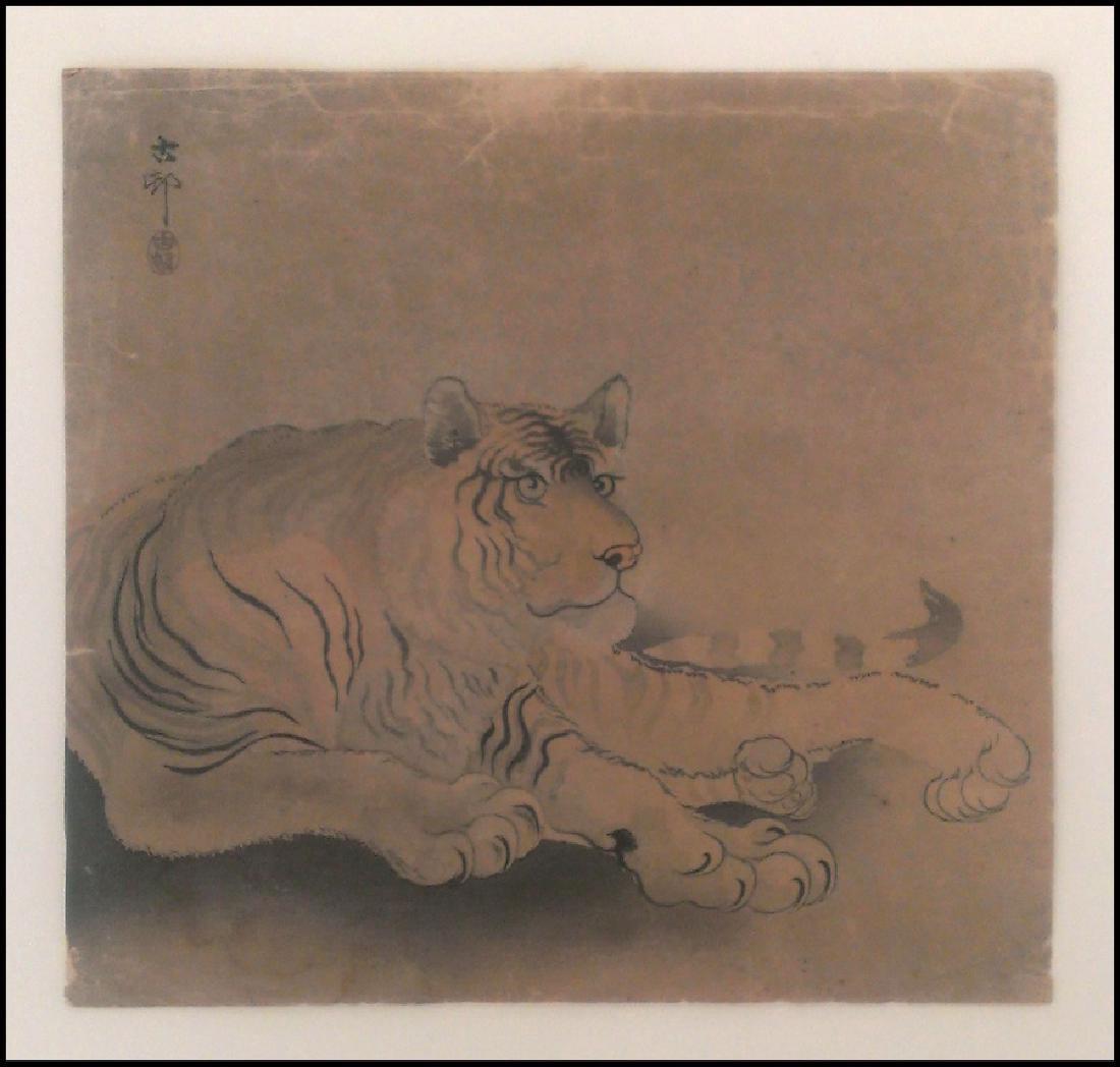 Ohara Koson Woodblock Reclining Tiger: Artist: Ohara Koson Title: Reclining Tiger Date: c. 1920/1930 Medium: Woodblock Print Size: 9.25" x 9.75" very toned, slightly trimmed, slightly torn Please note that this lot has a confidential reser