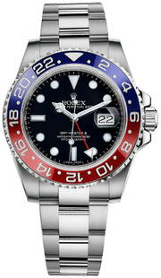 Rolex GMT-Master II Custom Ceramic Blue/Red Watch: Title: Rolex GMT-Master II Custom Ceramic Blue/Red 116710 Model: Rolex Pre-Owned/Mens/GMT Master Movement: Automatic Case Metal: Stainless Steel Case Case Size: 40mm Dial: Black Bracelet Type: Oyster