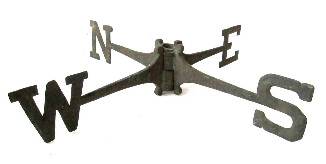 Vintage Weathervane Directionals: Vintage Weathervane Directionals Mid 20th C Brass 3 1/4"H X 18 3/8"W X 1 1/2"D (each piece) Natural brown/green verdigris surfaces, nice casting detail, fits 3/4" Diam post. Original slotted set screw