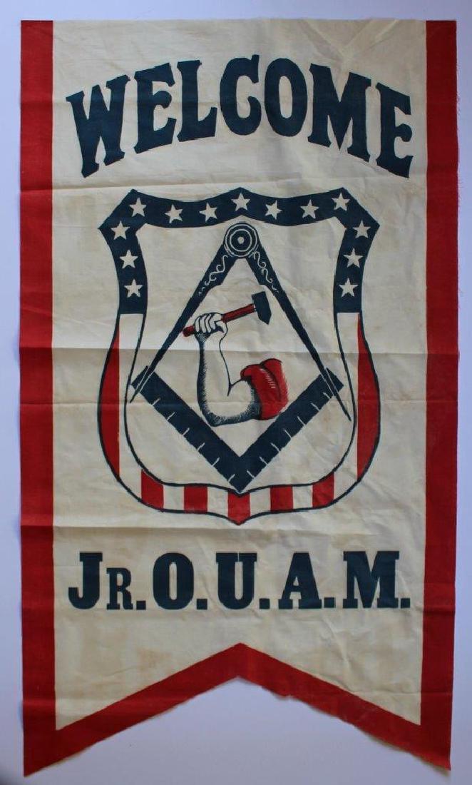 Union Welcome Banner Order of United American Mechanics: Circa 1910 Patriotic Vintage Trade Union Banner; "WELCOME JR. O. U. A. M". Order of United American Mechanics--printed swallowtail banner on cotton fabric, bold red border and navy blue lettering with