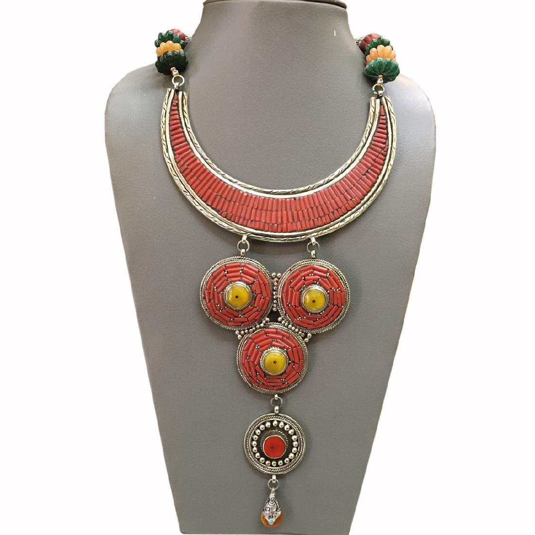 Tibetan Silver Coral Amber Beads Handmade Necklace (1 of 1)