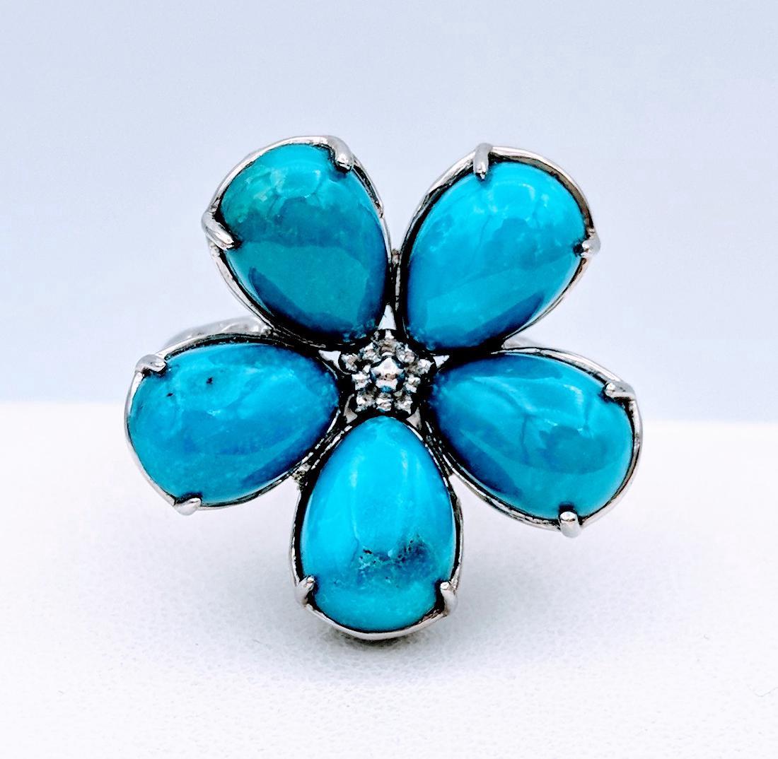 Sterling Silver Turquoise Flower Designed Ring (1 of 4)