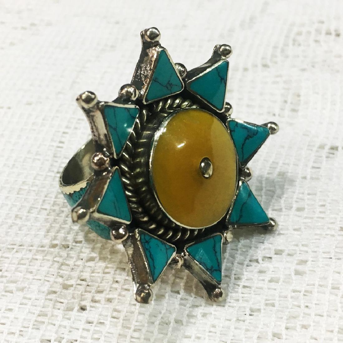 Tibetan Silver Amber & Turquoise Handmade Ring (1 of 1)