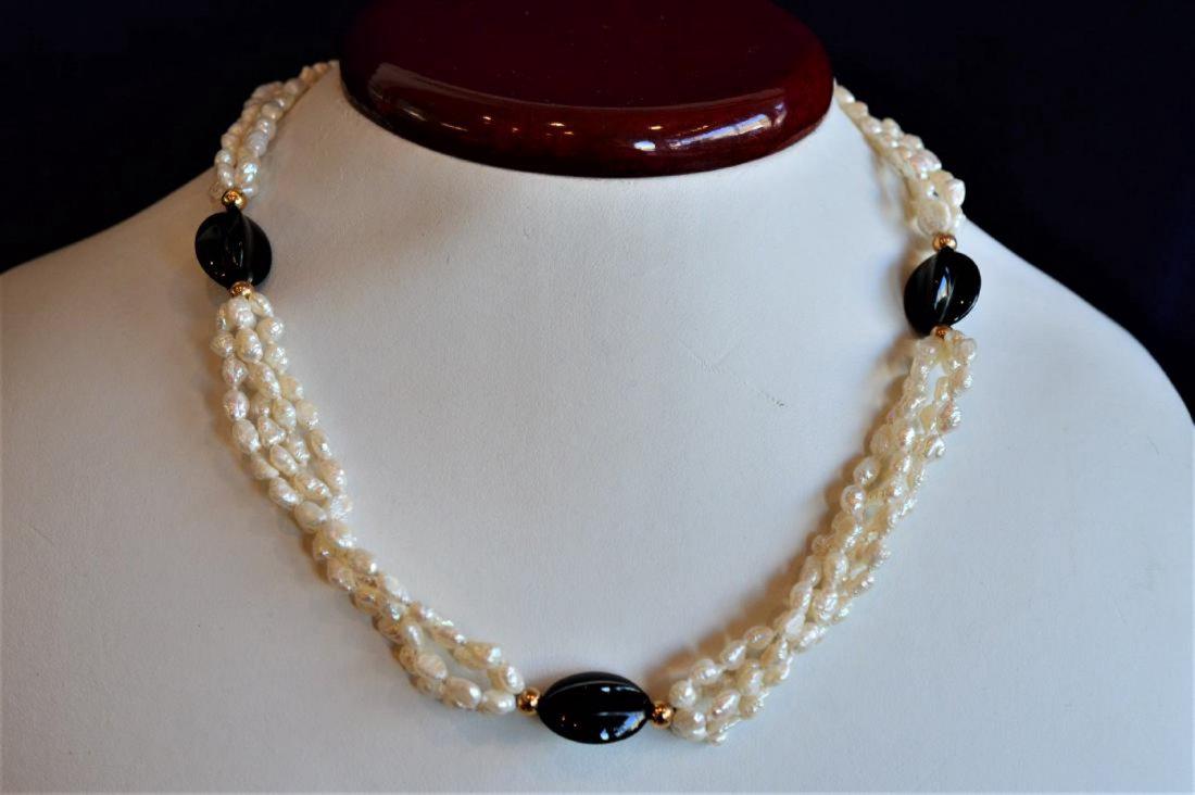 Ladies 4 Strand Freshwater Pearl Onyx 14K Gold Necklace (1 of 4)