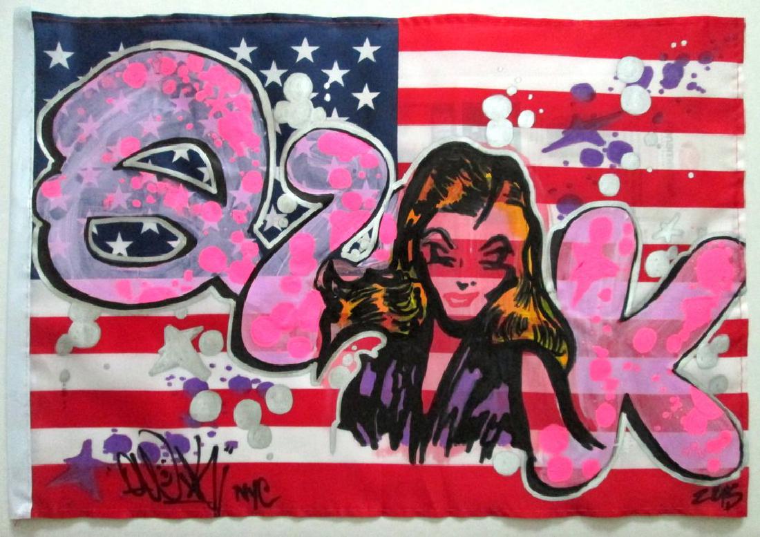 QUIK - "Jamie" Flag: QUIK - "Jamie" Flag Quik Â– Titled "Jamie". Enamel on America Flag. 2015. Measures approx 17" Ã— 11" Inches. Signed, lower bottom Lin 'QUIK' Felton is a painter of African American descent born 